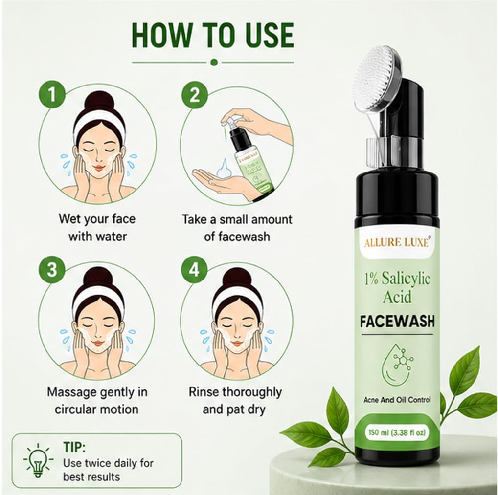 Allure Luxe 1% Salicylic Acid Face Wash with Built-In Soft Brush Applicator