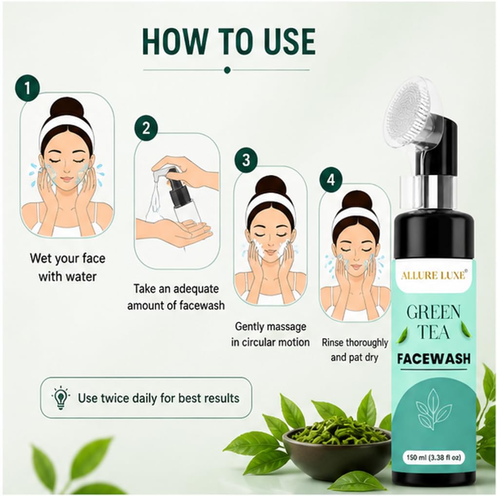 Allure Luxe Green Tea Face Wash with Built-In Soft Brush Applicator