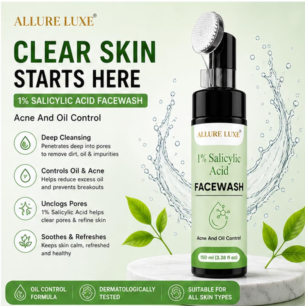 Allure Luxe 1% Salicylic Acid Face Wash with Built-In Soft Brush Applicator