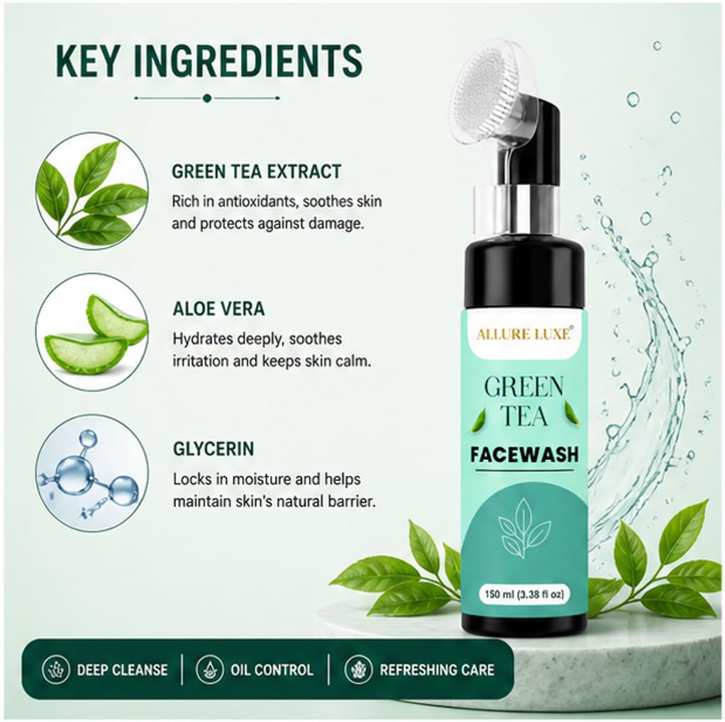 Allure Luxe Green Tea Face Wash with Built-In Soft Brush Applicator