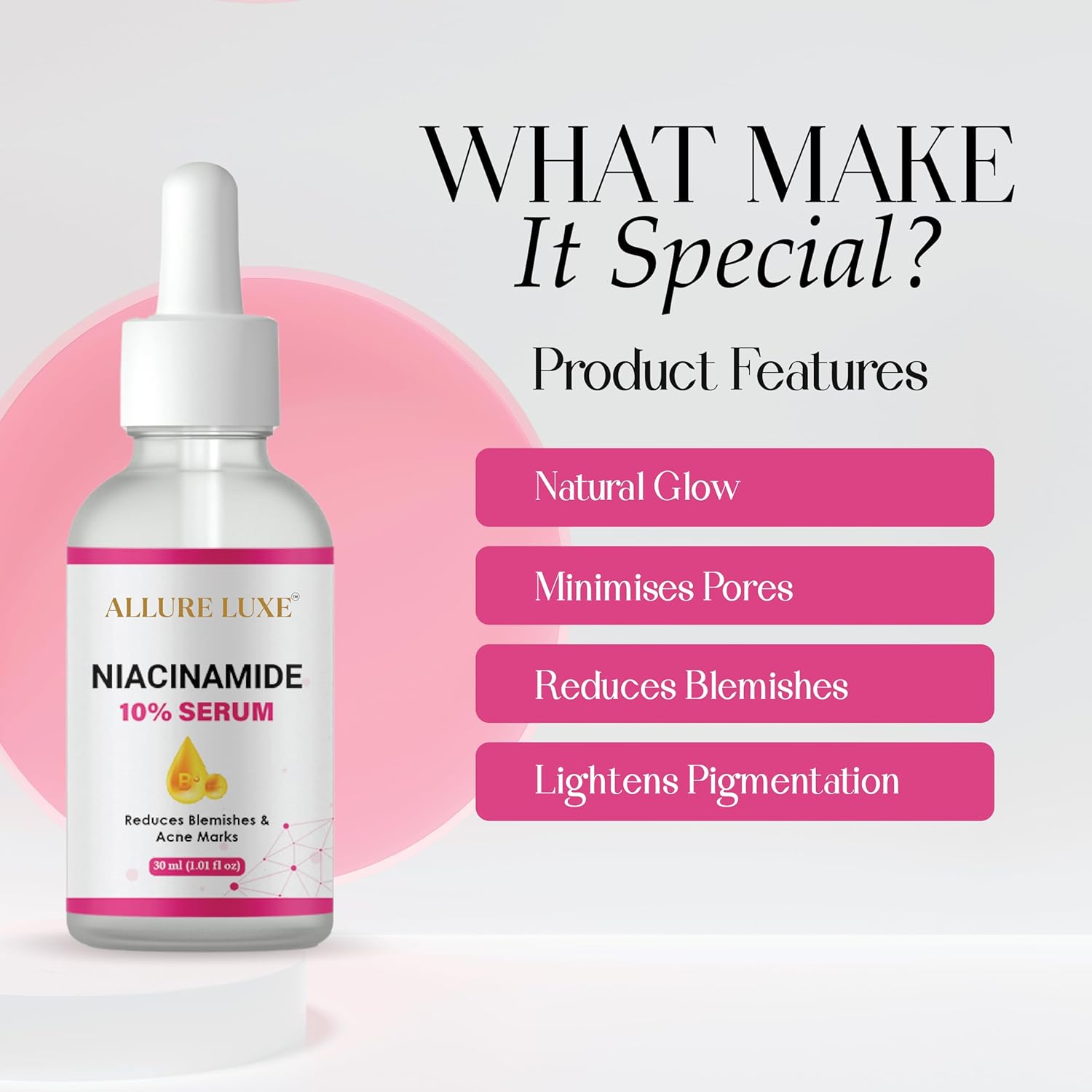 ALLURE LUXE Niacinamide 10% Serum with Hyaluronic Acid for Dark Spot Reduction, Blemishes and Acne Marks, 30ml