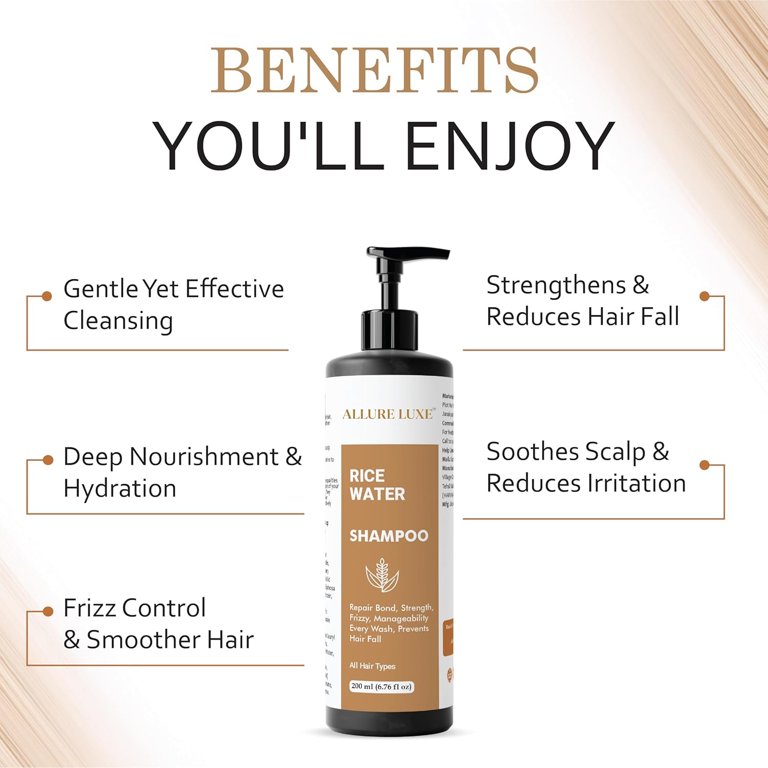 Allure Luxe Shampoo, Damage Repairing, Nourishing, Smoothening, All Hair Types, 200 ml (Rice Water Shampoo)