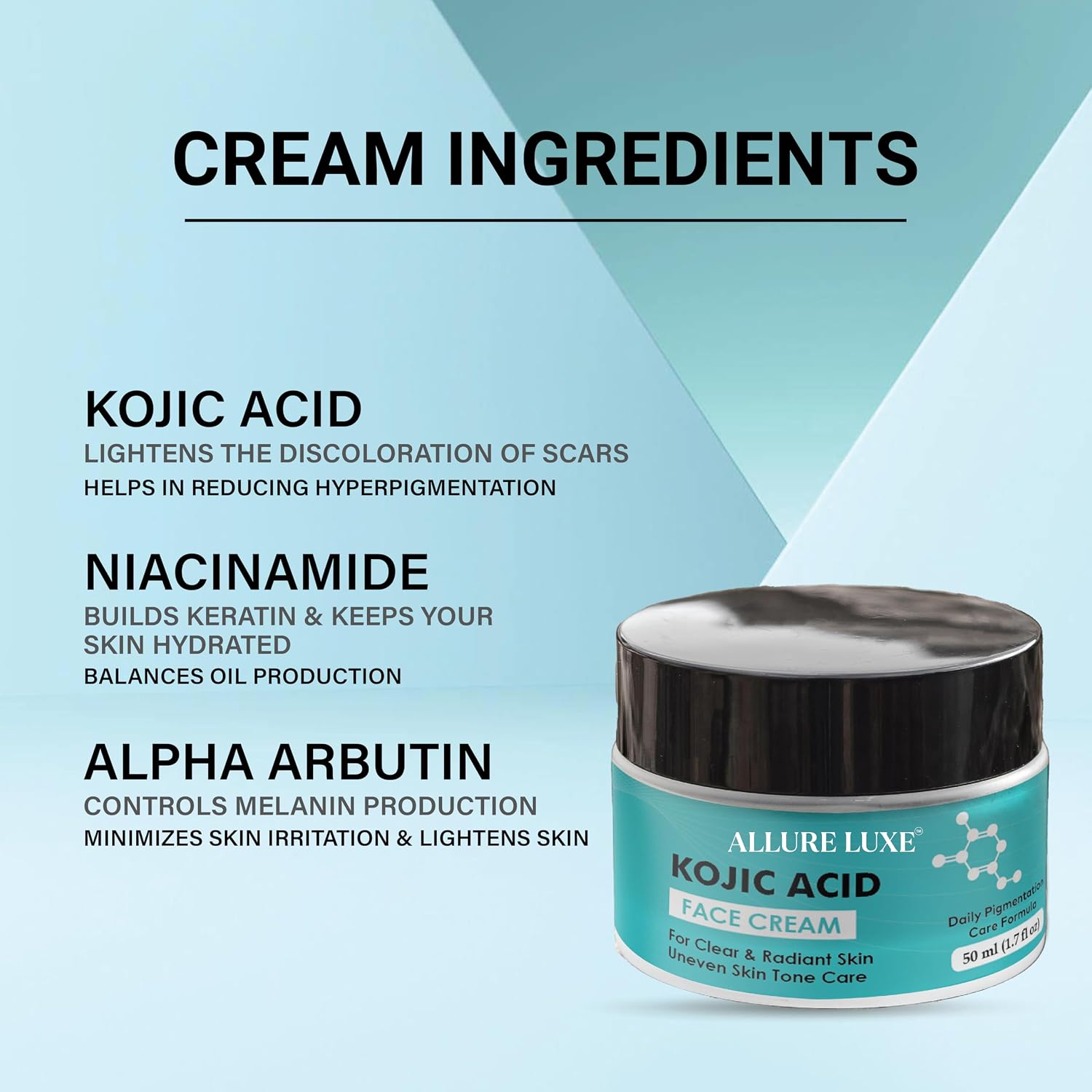 Allure Luxe Kojic Acid Face Cream, with Niacinamide & Alpha Arbutin, Pigmentation Care Formula, 50 ml