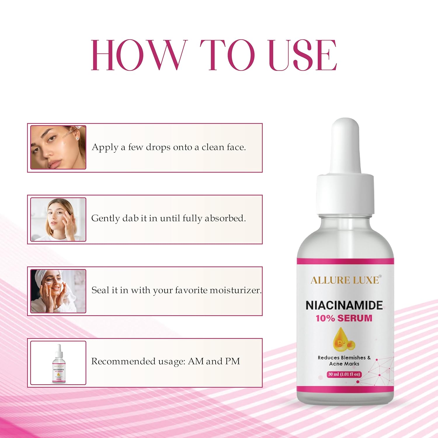 ALLURE LUXE Niacinamide 10% Serum with Hyaluronic Acid for Dark Spot Reduction, Blemishes and Acne Marks, 30ml