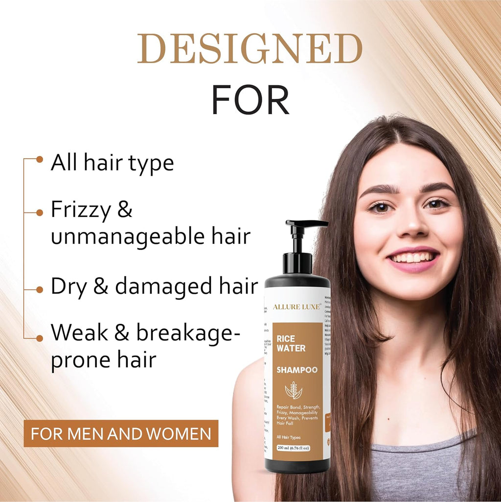 Allure Luxe Shampoo, Damage Repairing, Nourishing, Smoothening, All Hair Types, 200 ml (Rice Water Shampoo)