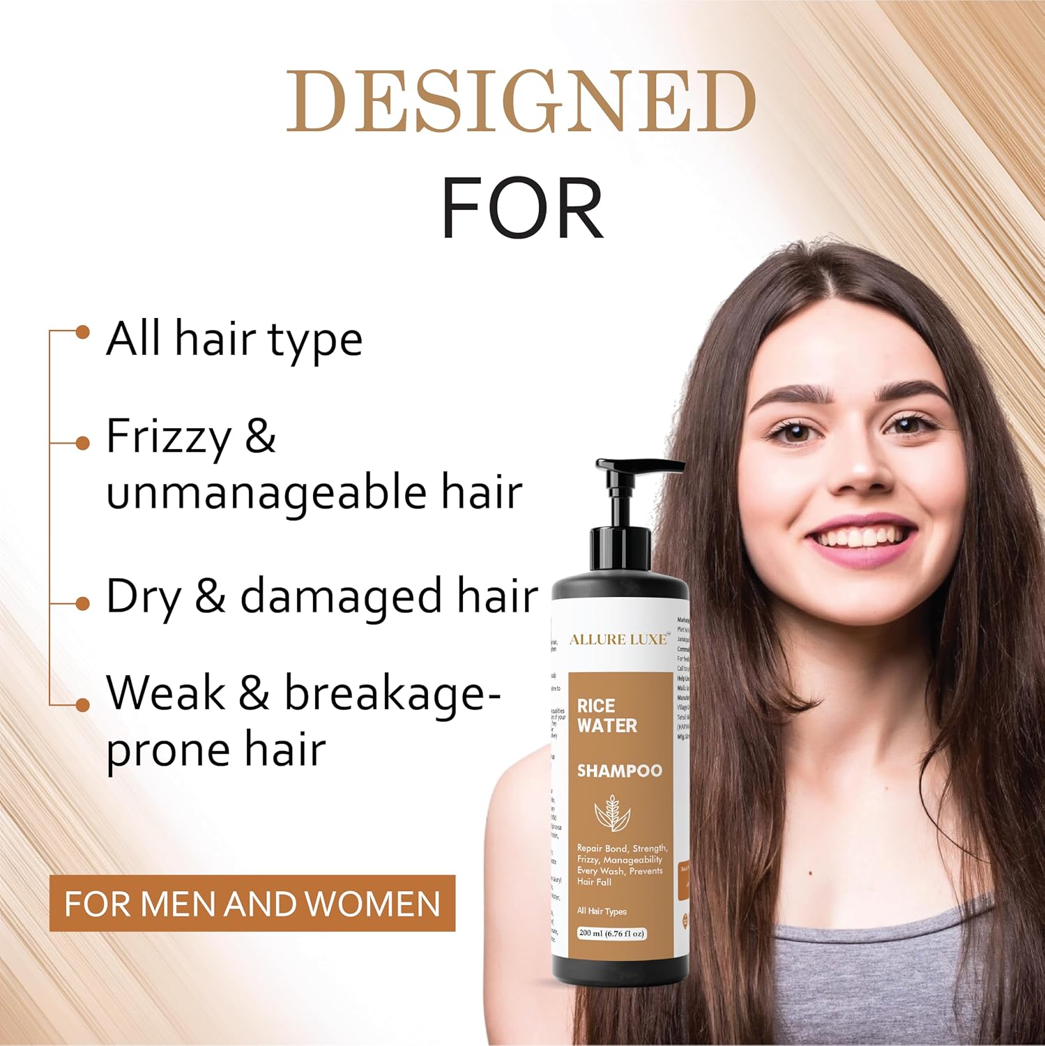 Allure Luxe Shampoo, Damage Repairing, Nourishing, Smoothening, All Hair Types, 200 ml (Rice Water Shampoo)