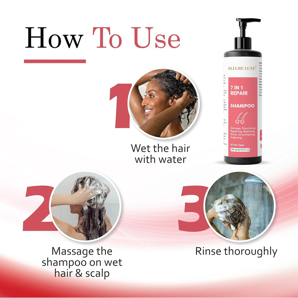 Allure Luxe Shampoo, Damage Repairing, Nourishing, Smoothening, All Hair Types, 200 ml (7 in 1 Repair Shampoo)