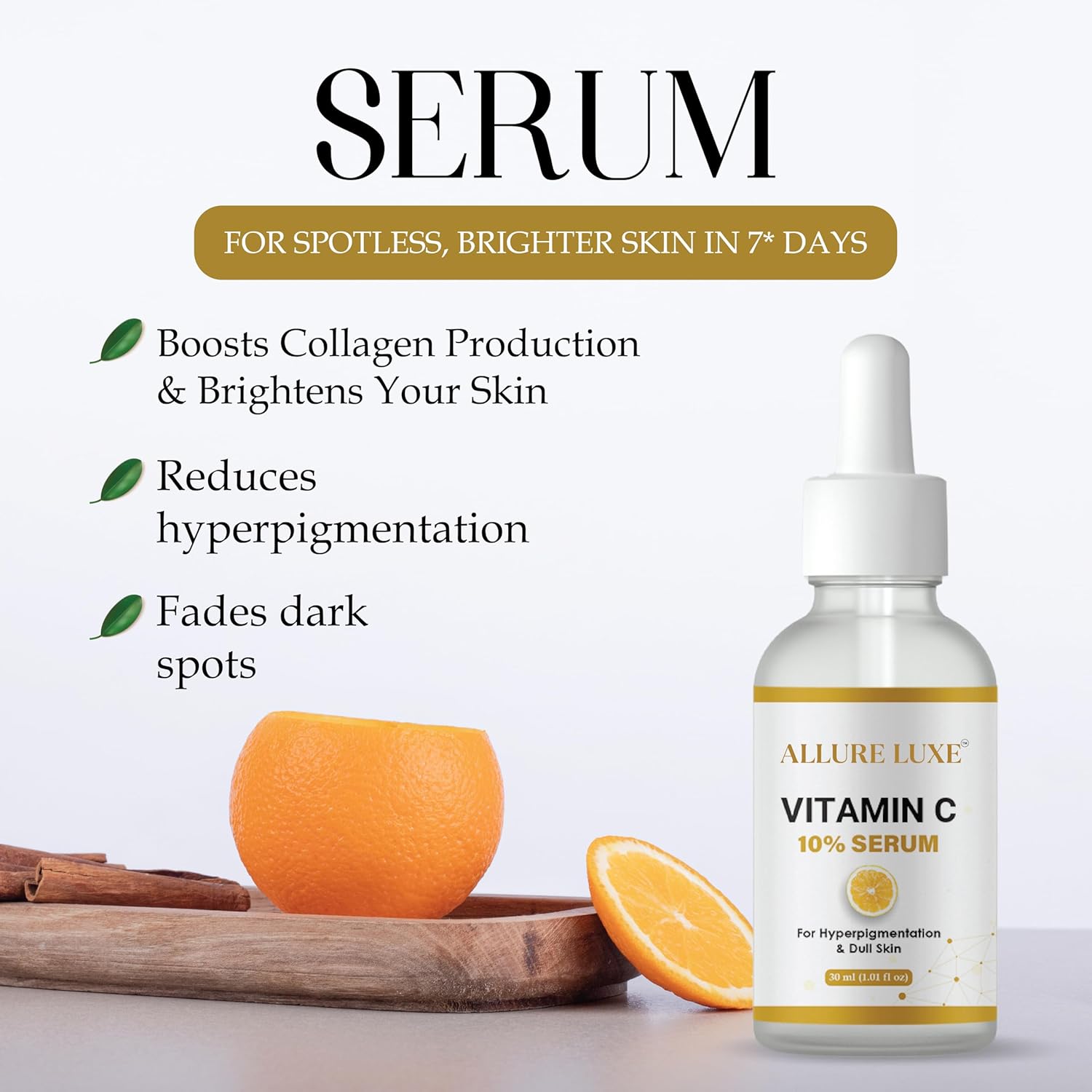 ALLURE LUXE Vitamin C 10% Serum for Hyperpigmentation & Dull Skin, 30 ml, Brightening Face Serum with Collagen Boosting Formula